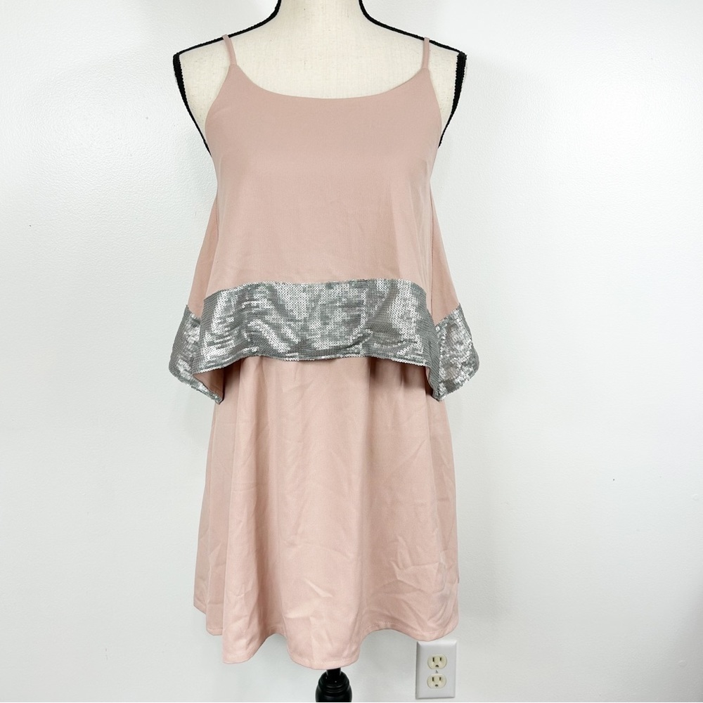 Esley Pink and Silver Sequins Spaghetti Strap Cocktail Dress Small